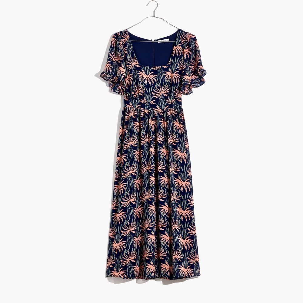 Ruffle-Sleeve Midi Dress in Oasis Palms